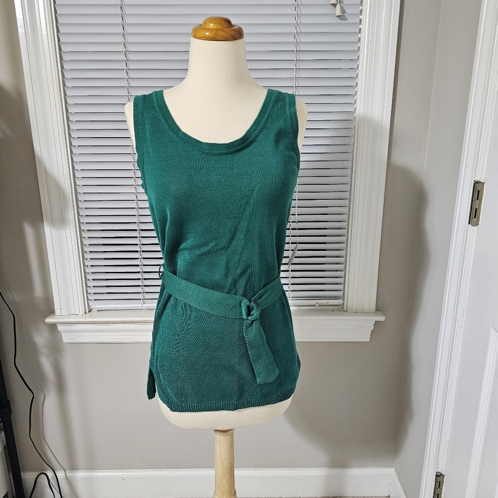 NWT Perry Ellis Green Knit Belted Tunic Top Vest Medium 100% Cotton